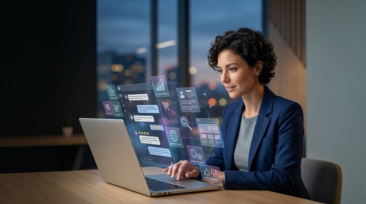 A business owner at a laptop, with an AI chat interface floating above it showing chat replies, a company profile card, star ratings and a website preview.