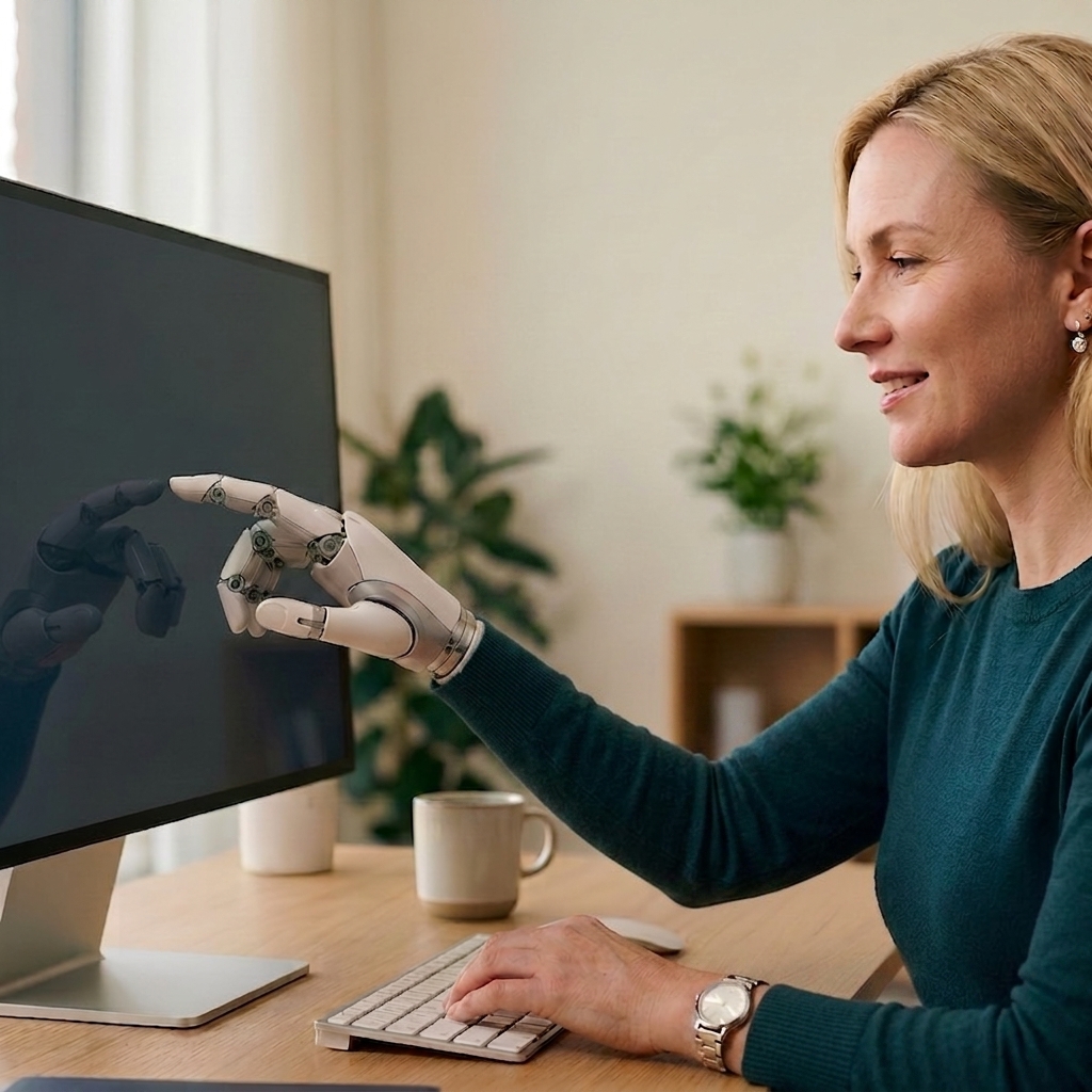A small-business owner at her desk reviewing a visibility map: optimised content and structured data feeding into AI indexing and retrieval, and out to featured snippets, AI-assistant recognition and knowledge-graph presence.
